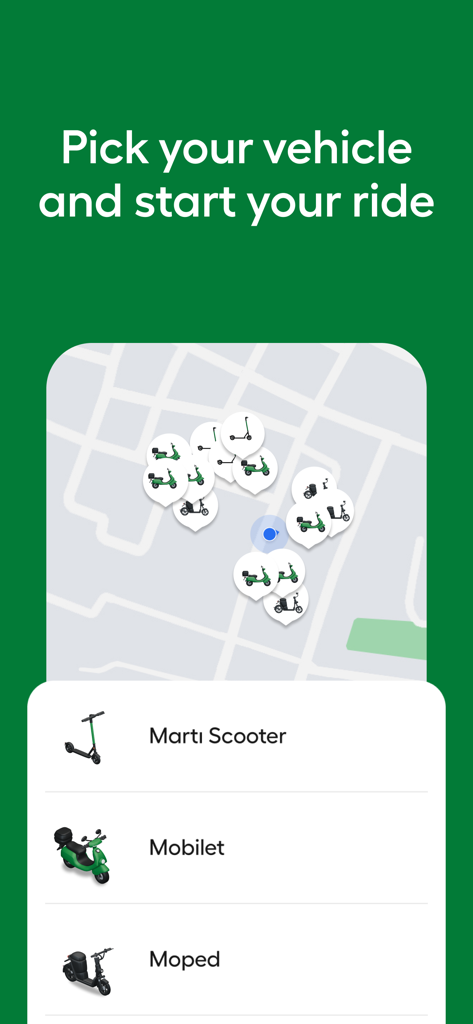 MARTI: TAG & Scooter - Marti app screen showing vehicle selection options and a map of available scooters and mopeds.