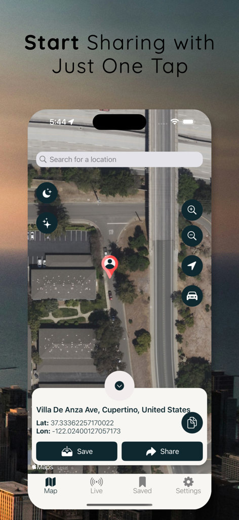 Live GPS Location Sharing - Smartphone screen displaying a satellite map with precise GPS coordinates and options to share or save the location
