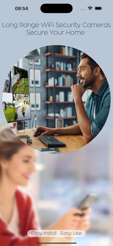 WallPixel HD - Un homme surveillant les flux de caméras de sécurité domestique sur un écran d'ordinateur avec le slogan de l'application WallPixel HD Installation Facile Utilisation Facile.