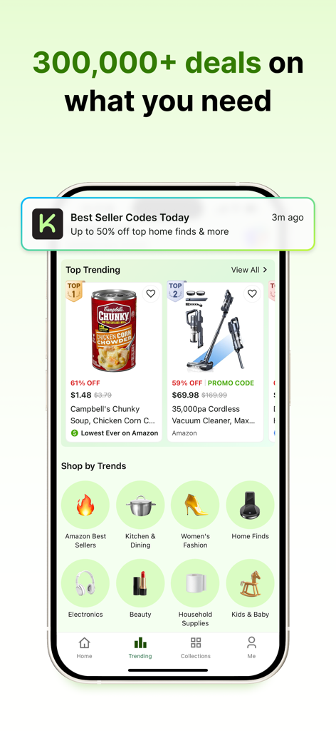 Interface of the Koupon app showing top trending product deals and shopping categories