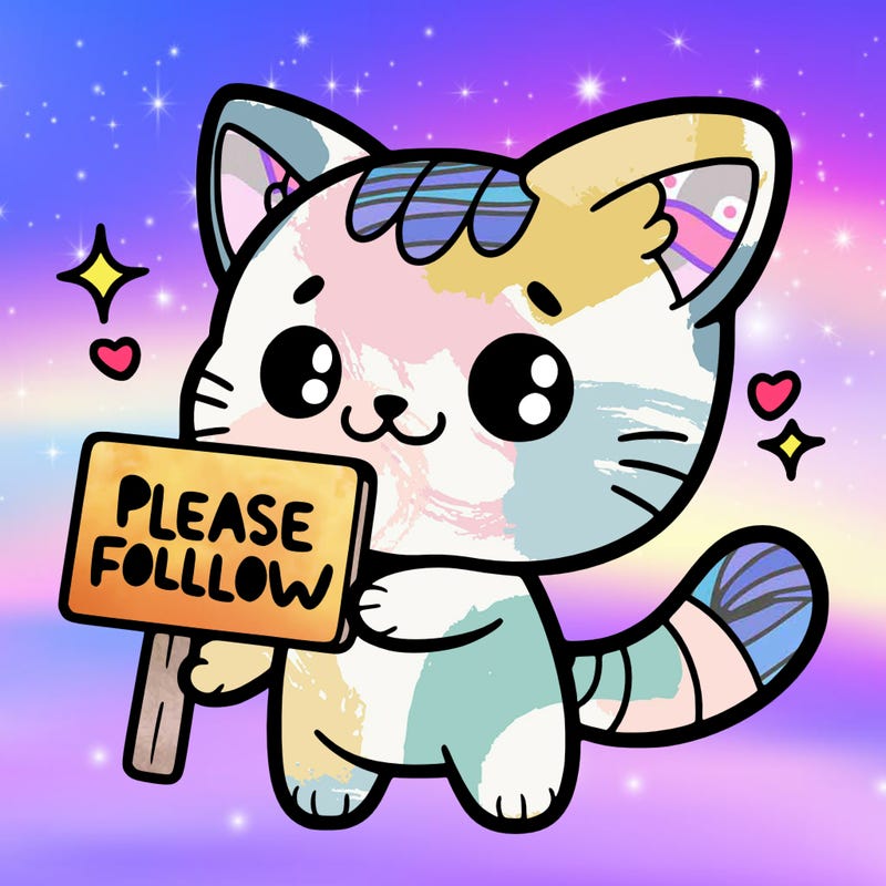 cute cat that holding a sign that says please follow