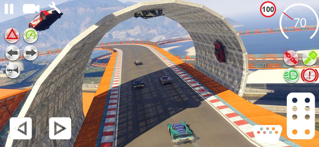Car Stunt & Ramp Driving Sim - - Coches realizando acrobacias en una pista de rampas de gran altitud con un bucle de arco de metal