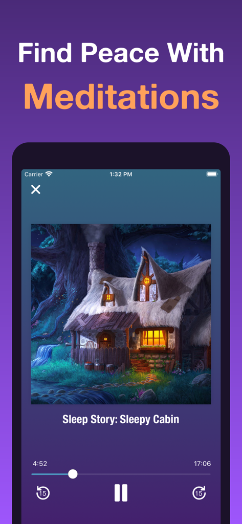 HarmLess: Self Harm Tracker - Interfaccia dell'app HarmLess che mostra una storia del sonno meditativa intitolata "Capanna Addormentata" con una pittoresca casetta illustrata