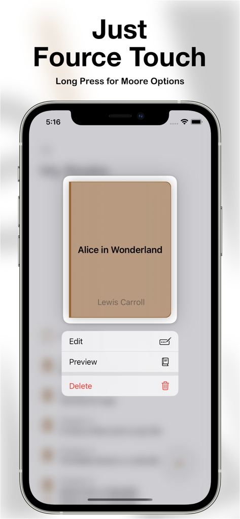 eScribo - Interface of the eScribo app showing a long press context menu for a book cover with options to edit and preview.