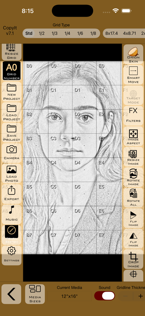 CopyIt The Grid Drawing Method - Interfaz de la aplicación CopyIt que muestra un boceto de retrato a lápiz con una superposición de cuadrícula de dibujo y herramientas de arte
