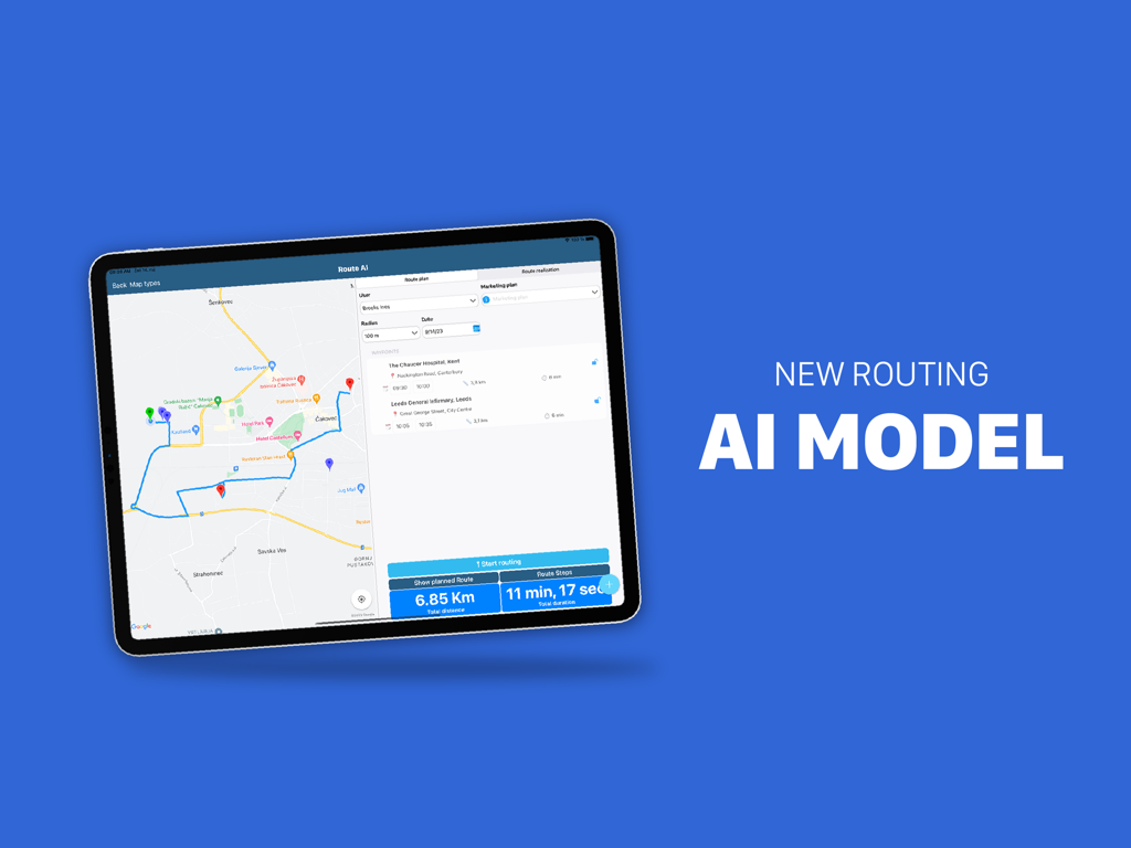 Sales Vision Next CRM Pharma - iPad display of the Sales Vision Next CRM AI routing model showing a map with optimized visit paths for pharmaceutical sales reps