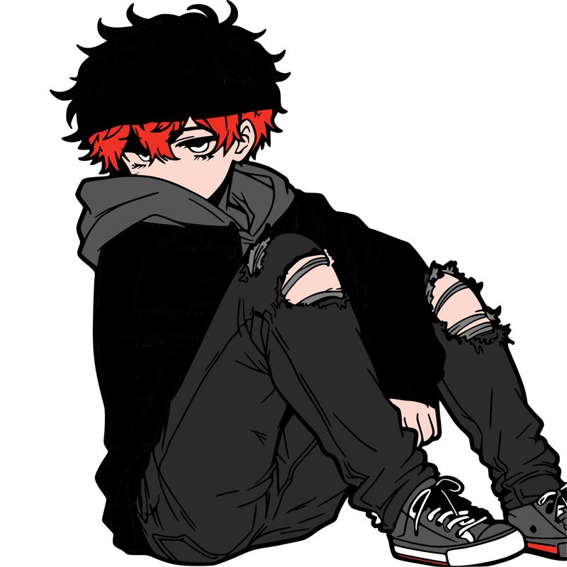 a male hoddie ripped jeans messy hair anime