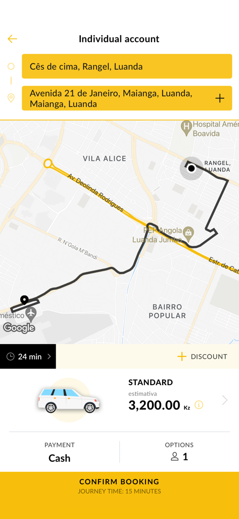 Mobile interface of the UGO app showing a ride booking map and price in Luanda Angola