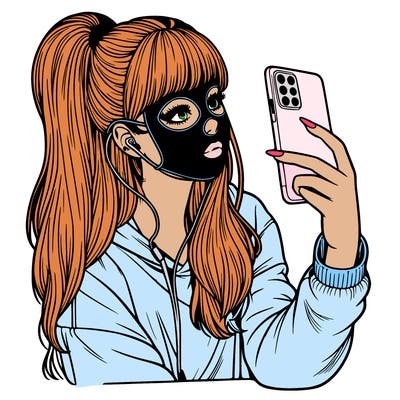 realistic teenage girl with halloween mask taking selfie in mirror