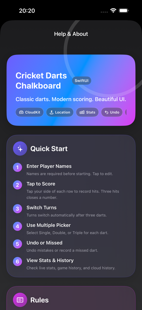 Help and About screen for Cricket Darts Chalkboard showing a quick start guide and app features