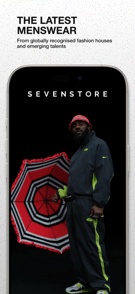 SEVENSTORE mobile app interface showcasing latest high-end menswear and streetwear collections