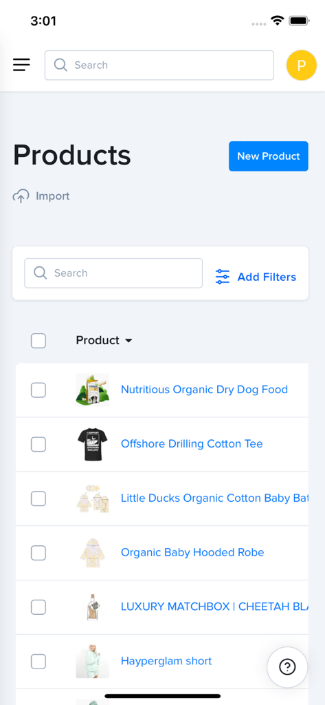 Lightfunnels - Lightfunnels mobile App-Bildschirm, der eine Liste von E-Commerce-Produkten mit Such- und Filteroptionen anzeigt