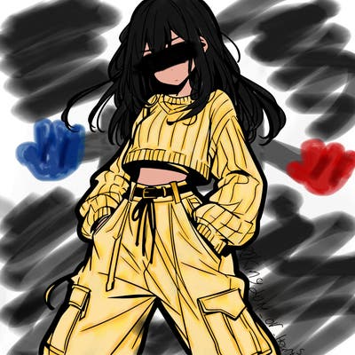 anime teen girl with baggy pants and crop top with sweater