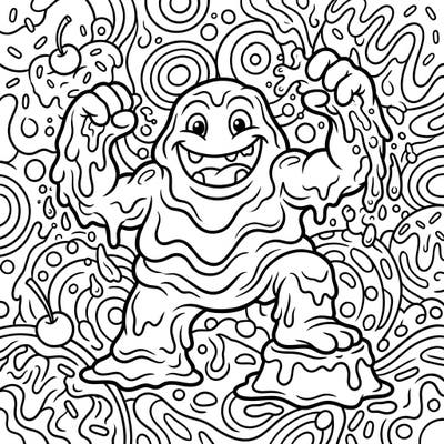 Dive into a delightfully squishy coloring experience with our unique Pudding Monster template. This lovable, muscular creature is ready for your artistic touch, surrounded by a swirl of sweet, melt-in-your-mouth patterns.