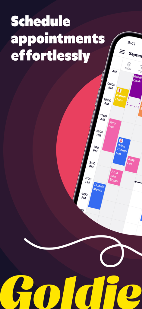 Application mobile Goldie montrant l'interface du calendrier pour planifier des rendez-vous sans effort