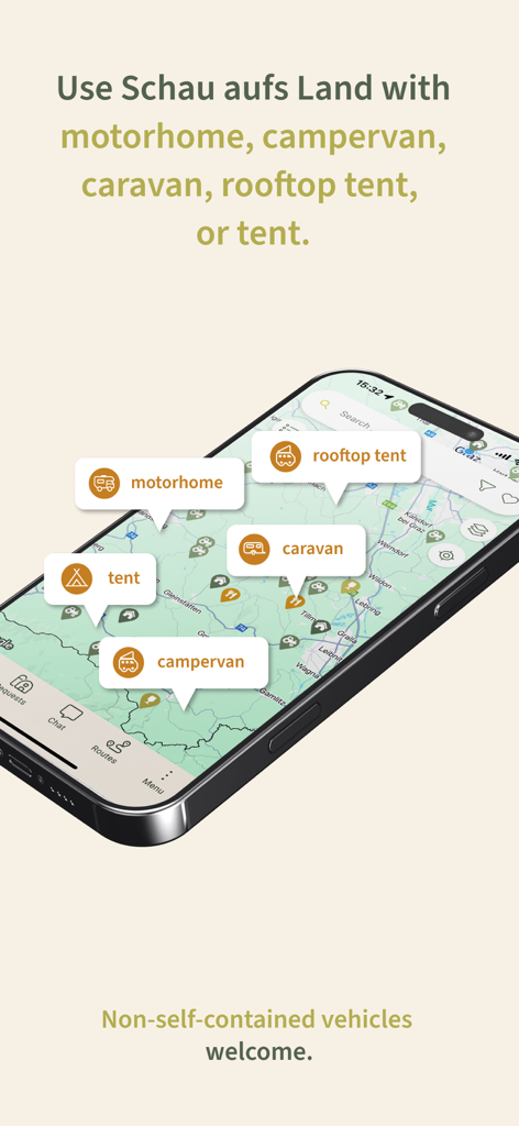 Mobile app interface showing a map with camping location pins for motorhomes campervans caravans rooftop tents and traditional tents