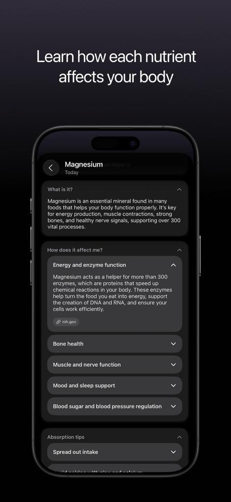Microgram: Nutrient Tracker - A smartphone screen showing the detailed health benefits and biological functions of Magnesium in the Microgram nutrient tracker app.
