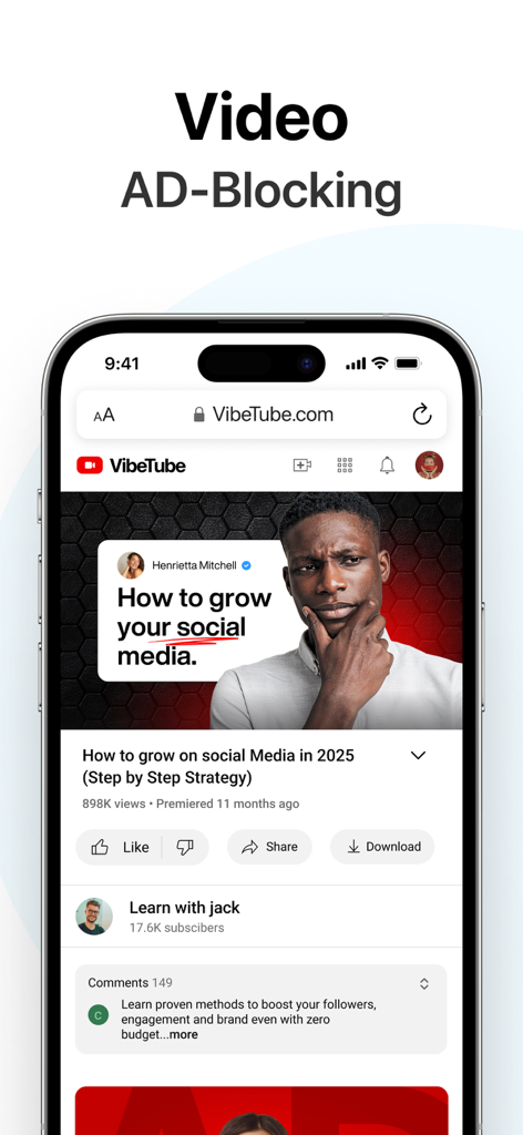 Ad Blocker · - Smartphone screen showing the video ad blocking feature in a mobile browser.