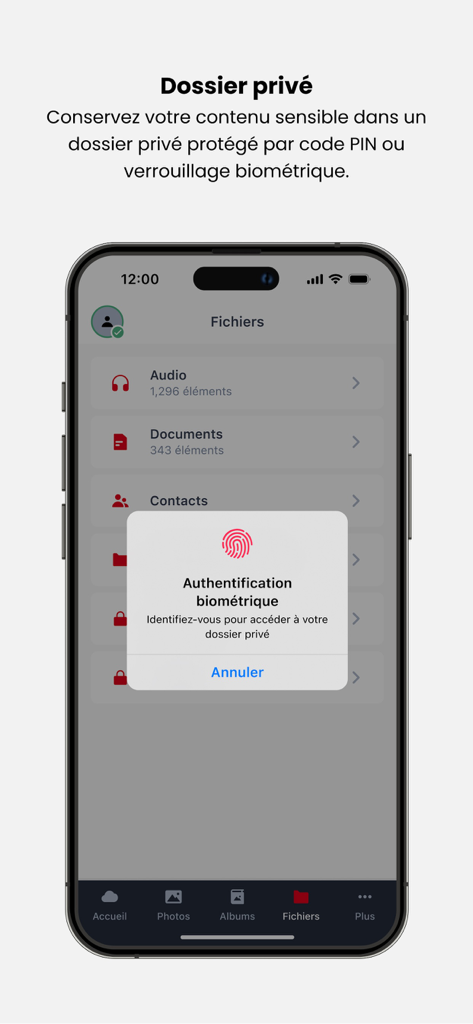 SFR Cloud - Invite d'authentification biométrique pour un dossier privé dans l'application SFR Cloud