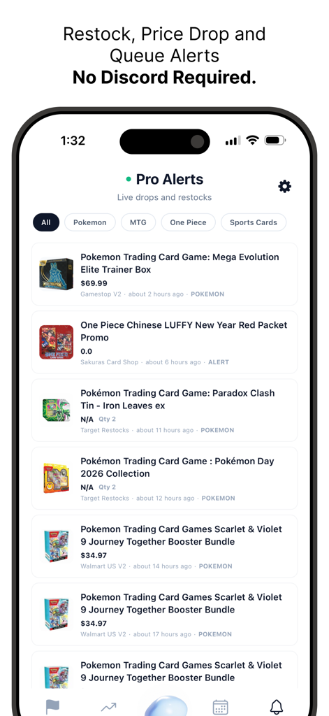 Guppy: Collector Copilot - A mobile app screen showing live restock alerts for Pokemon and One Piece collectible cards.