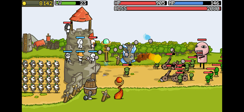 Gameplay de Grow Castle montrant une tour en pierre avec des héros se défendant contre une armée de gobelins verts et un grand boss.