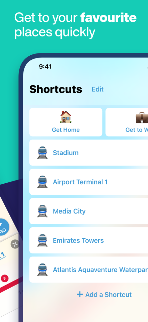 Pantalla de accesos directos de la aplicación del Metro de Dubái para guardar destinos y lugares emblemáticos favoritos