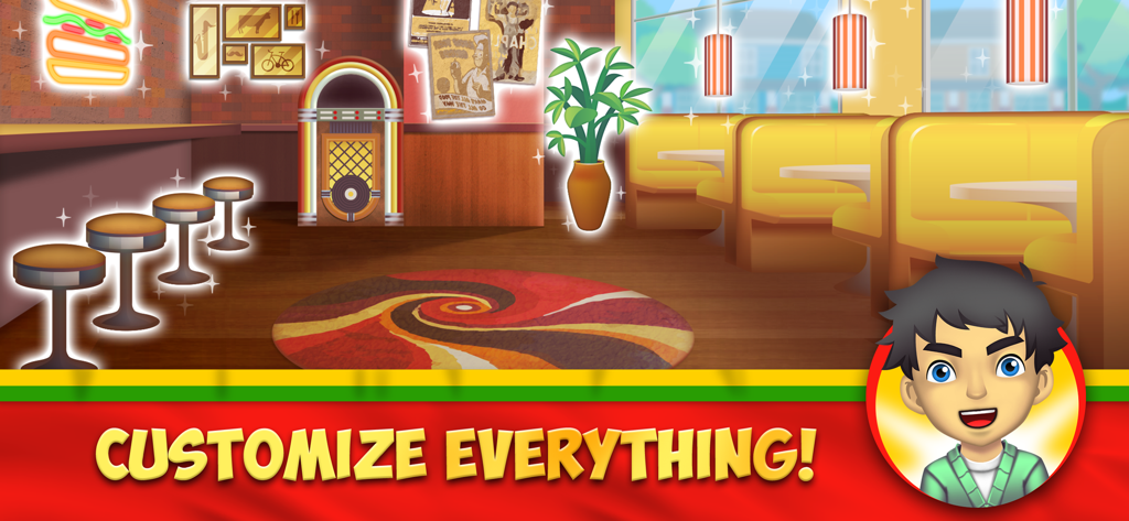 Vista interna di un ristorante di hamburger personalizzabile con un jukebox e cabine.