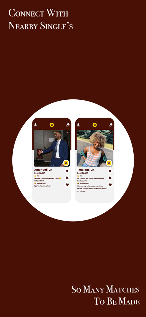 Konjo - Dating & Relationships - Screens of the Konjo dating app showing user profiles of singles from the Ethiopian and Eritrean community