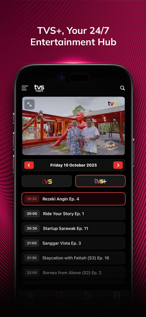 TVS Inspire app interface displaying a live TV schedule and entertainment content on a smartphone.
