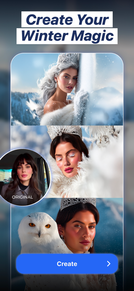 Photica (Pixly)・Photo Animator - AI-powered winter magic photo transformation showing original and transformed portraits with a snowy theme