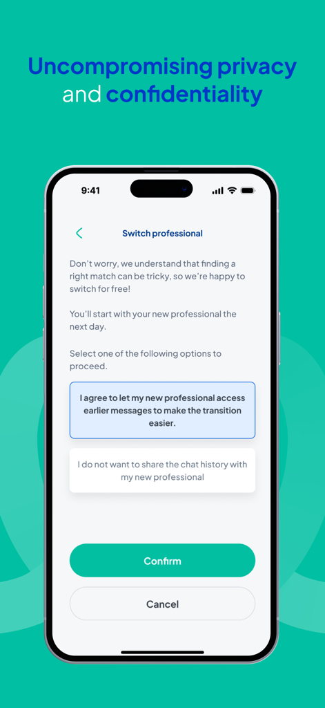 ThoughtFull: Mental Health App - ThoughtFull app screen showing options to switch mental health professionals with uncompromising privacy and confidentiality settings