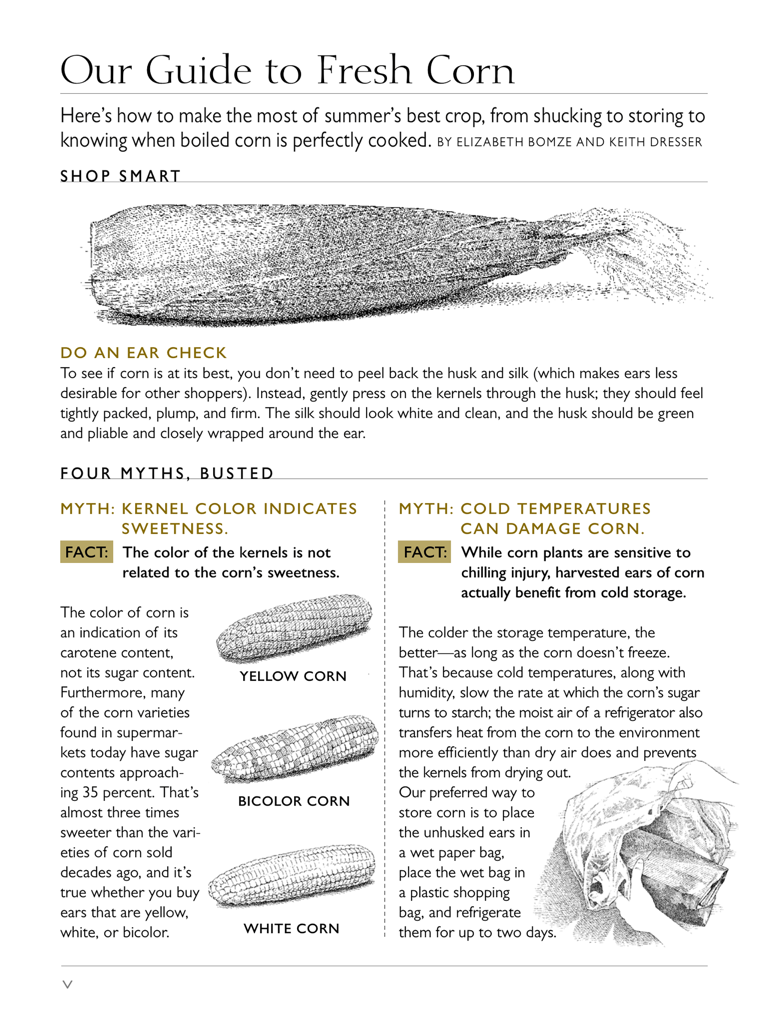 A page from Cook's Illustrated Magazine showing a guide on how to shop for and store fresh corn with several food myths debunked.