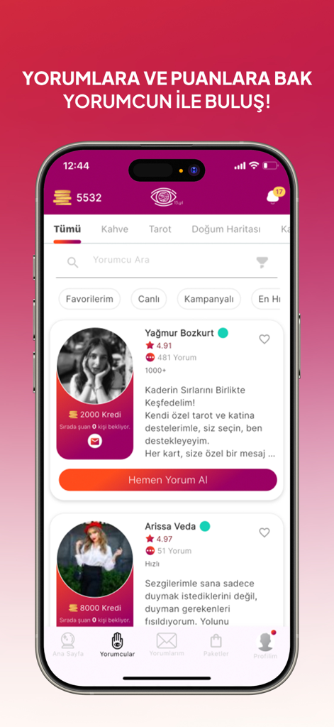 Fal Sepeti: Astroloji & Tarot - A list of professional psychic and tarot interpreters on the Fal Sepeti app showing their ratings and credit prices.
