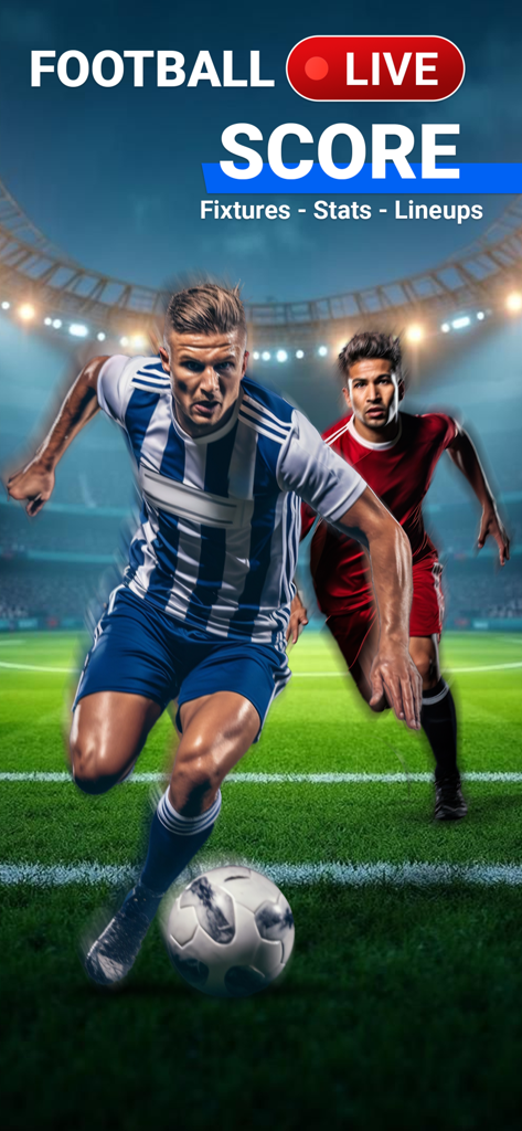 Football Live Score & Stats - A soccer player running on a pitch with a football live score and stats header