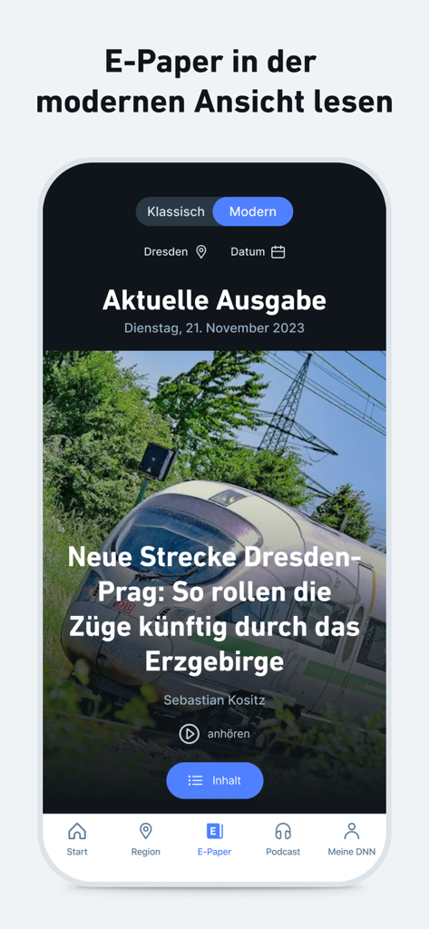 Schermata dello smartphone che mostra la sezione E-Paper dell'app di notizie DNN in un layout moderno con un articolo di notizie locali sui treni di Dresda.