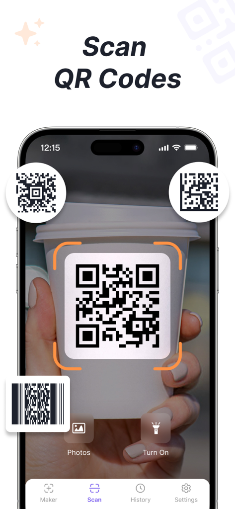 커피잔의 코드를 스캔하는 동안 QR 코드 스캔 인터페이스를 표시하는 iPhone