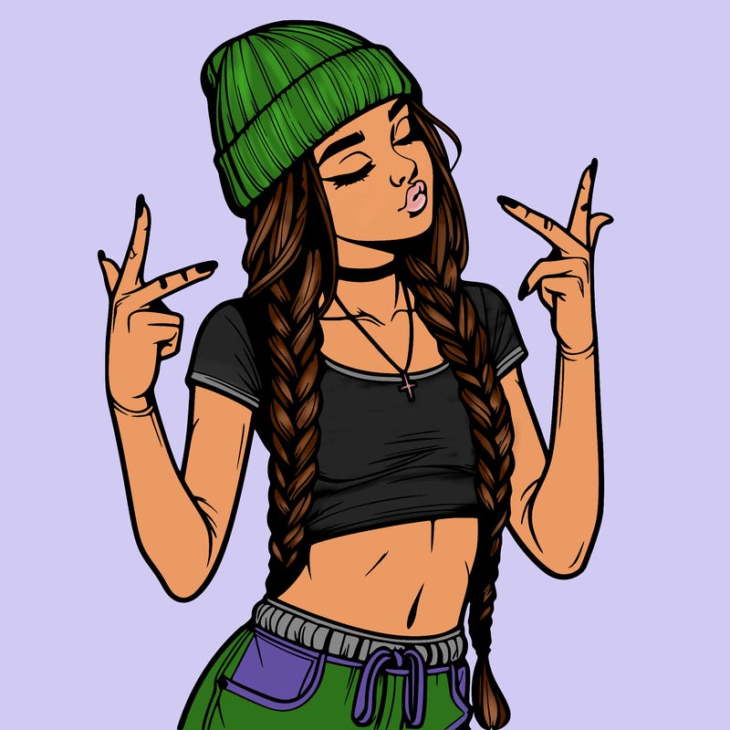realistic teenage girl with braids and a beanie and crop top doing 🫶🏼