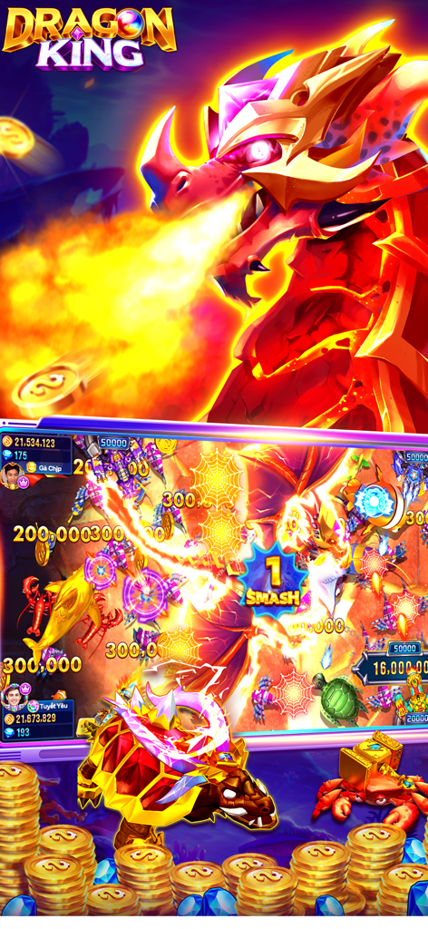 Écran de gameplay de Dragon King Fish Table Online avec un dragon cracheur de feu et des piles de pièces d'or