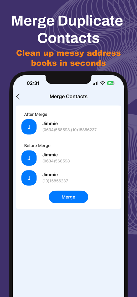 SmartClean: AI Photo & Storage - SmartClean app interface showing a preview of merging two duplicate contacts named Jimmie into one contact record