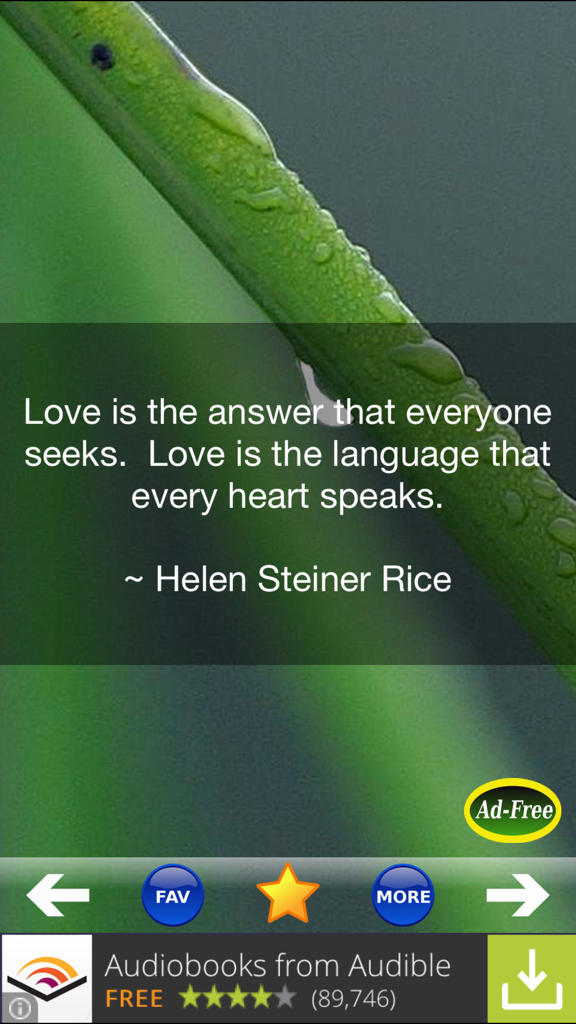 Love Quotes and Sayings! - A love quote by Helen Steiner Rice displayed over a green leaf background in the Love Quotes and Sayings app interface.