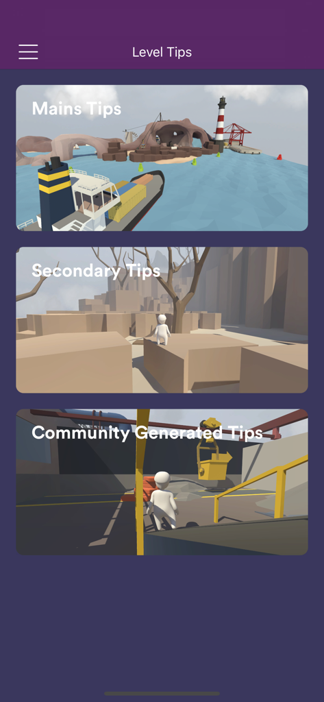 GameNet for - Human Fall Flat - Level Tips menu in the GameNet app showing categories for Mains Tips, Secondary Tips, and Community Generated Tips with game screenshots.