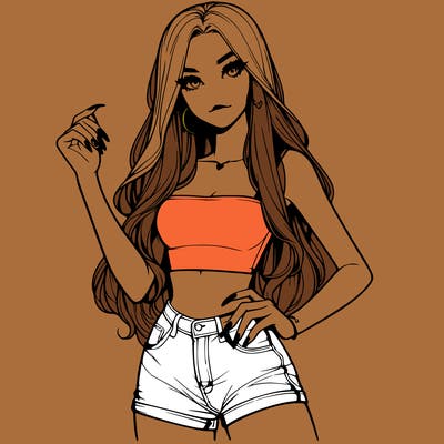 realistic pretty girl with long nails and wearing shorts and a crop top
