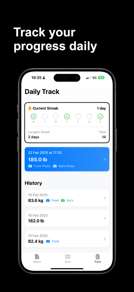 Interface of the Vscale app showing daily weight tracking history and current progress streak