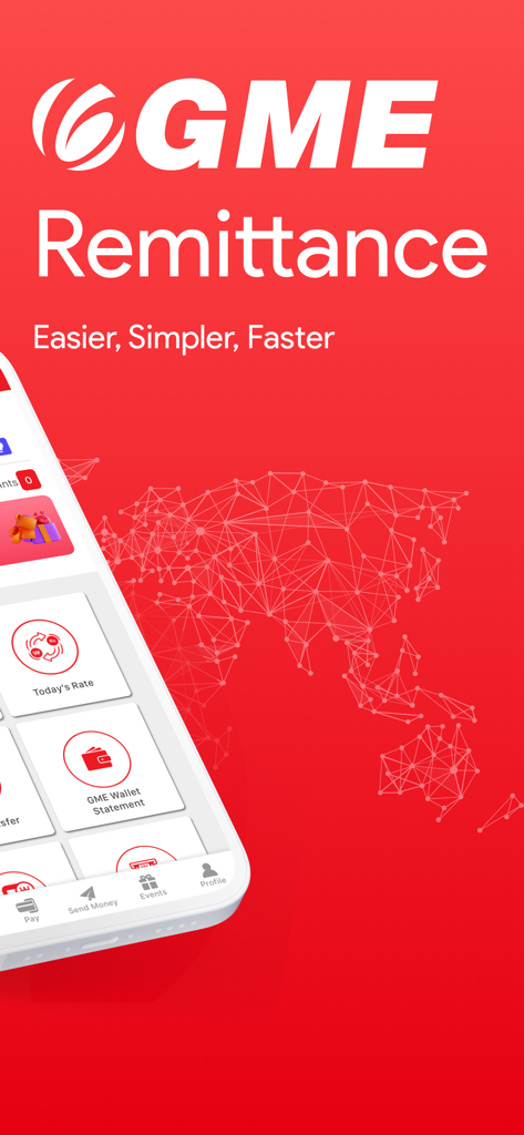 GME Remit - Interfaccia dell'app GME Remittance che mostra tassi di cambio e opzioni del portafoglio su sfondo rosso con una mappa del mondo