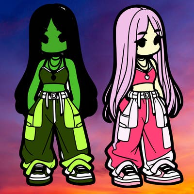 girl in baggy pants crop top and long hair