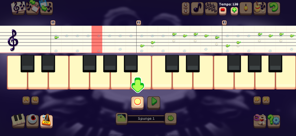 My Singing Monsters Composer - A music composition interface featuring a piano keyboard and a musical staff with monster icon notes