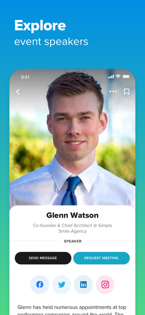 PINE Events - Speaker profile interface in PINE Events app with options to send messages and request meetings.