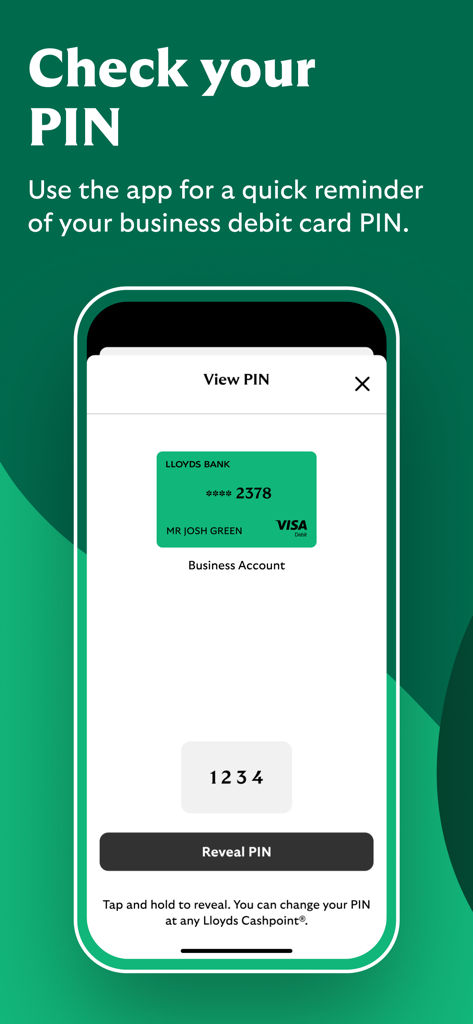Uma tela móvel do aplicativo Lloyds Business Banking mostrando o recurso Verificar PIN para um cartão de débito empresarial.