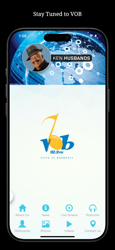 Voice Of Barbados - The home screen of the Voice of Barbados mobile app featuring Ken Husbands and navigation icons for news and live streaming