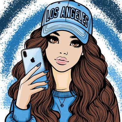 realistic beautiful girl wearing los ángeles cap holding an iphone